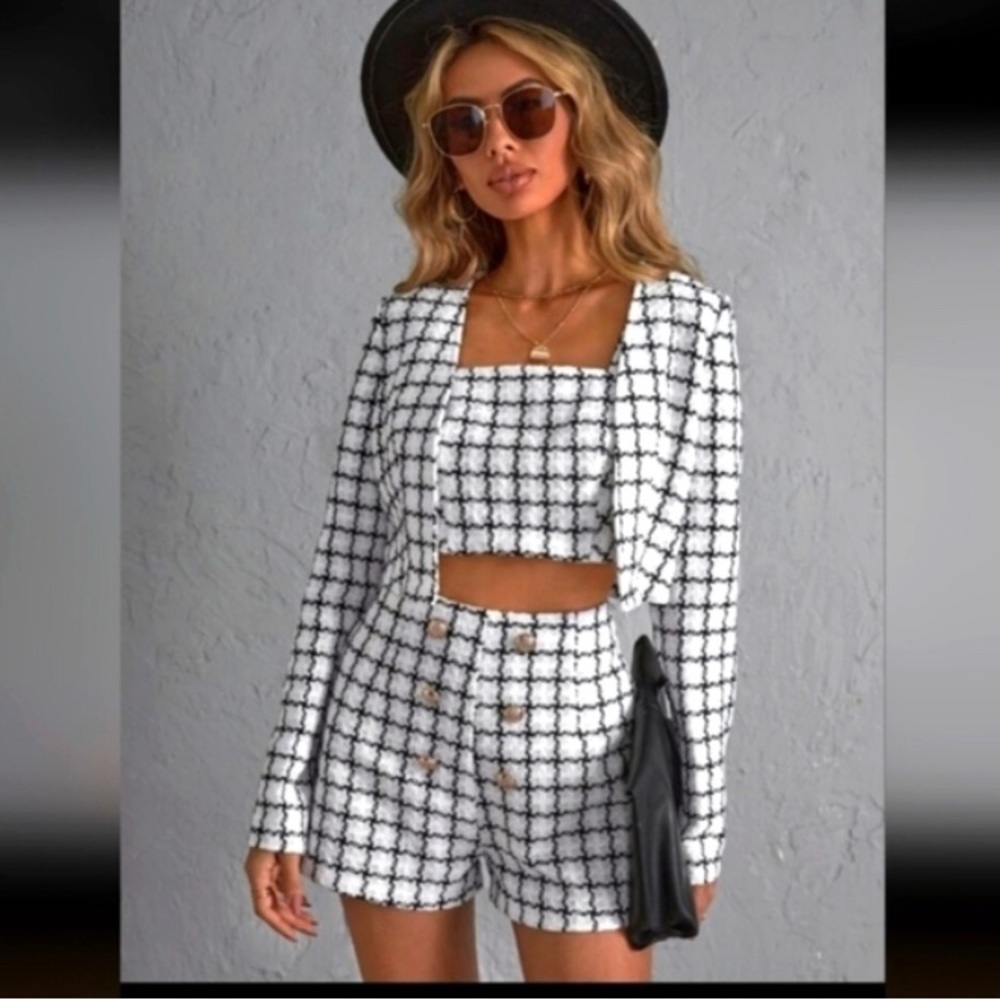 SHEIN brand 3 piece plaid short tank crap and open jacket set. Never worn